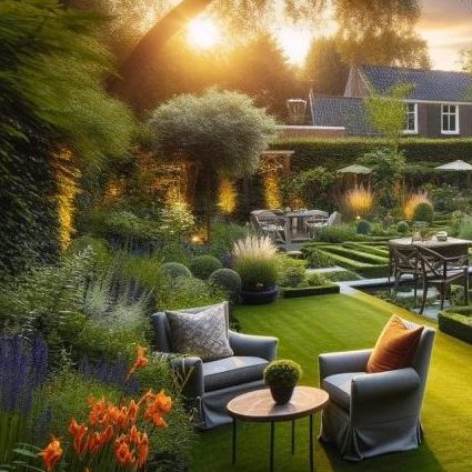 Professioneel aangelegde en onderhouden tuin met een diversiteit aan bloeiende planten, strakke gazonnen, en elegante tuinpaden, weerspiegelend de expertise van Groenblad Hoveniers.